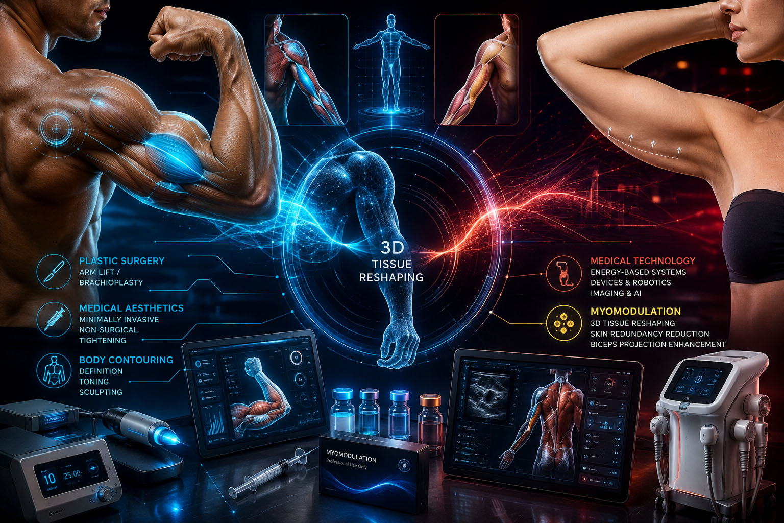 Arm aesthetics market positioning combining plastic surgery, medical aesthetics, body contouring, medical technology and Myomodulation for skin redundancy reduction and biceps projection enhancement