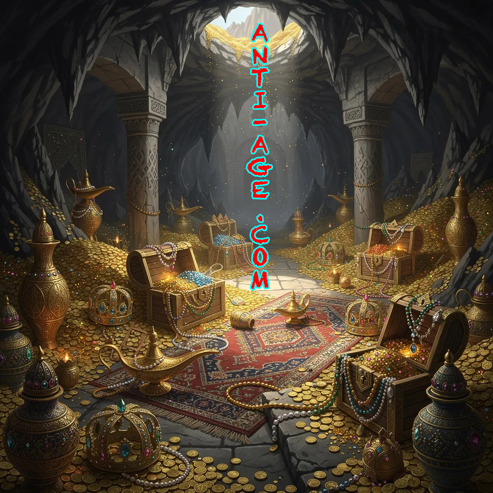 Hidden treasure symbolizing the value and investment potential of premium domain assets in the anti-aging market