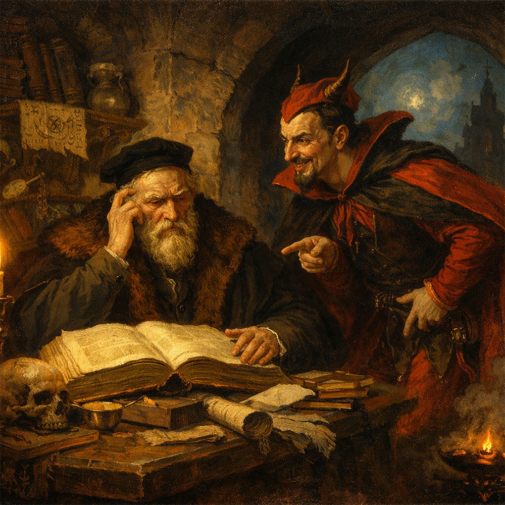 Faust making a pact with the devil symbolizing the exchange of youth power and value in the anti-aging market