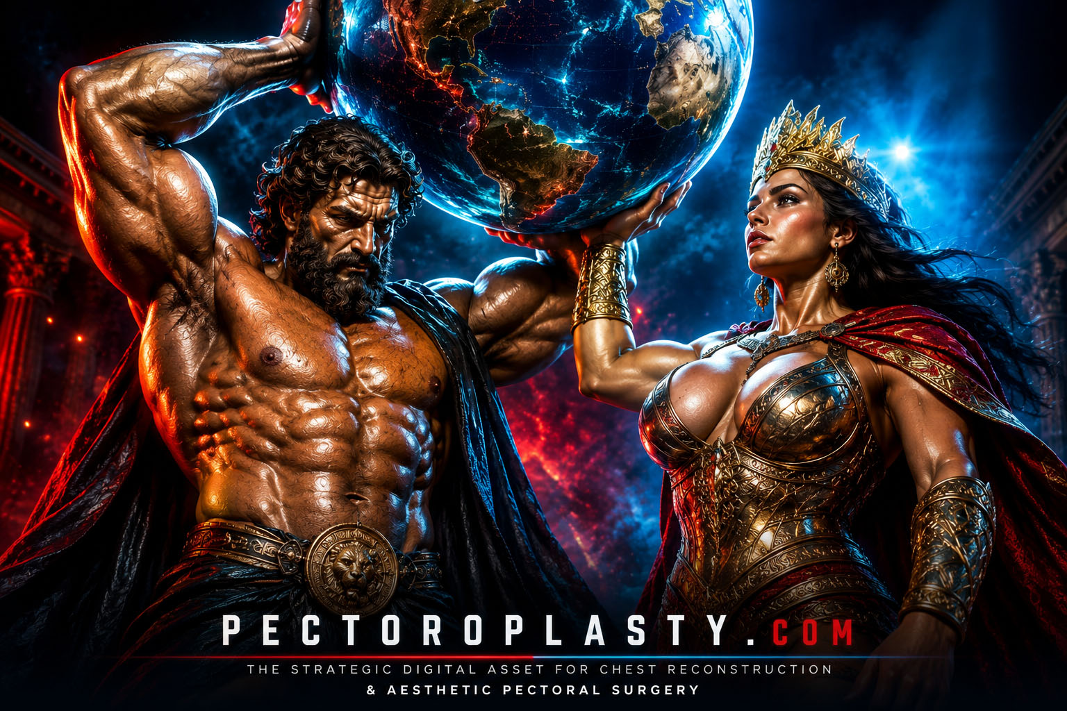 Atlas and Amazon queen holding the globe, premium cinematic visual for pectoroplasty.com