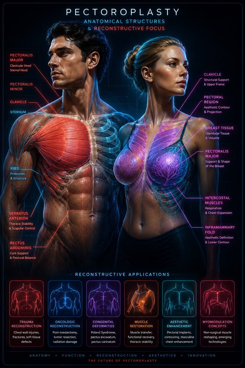 Male and female thoracic anatomy infographic highlighting chest reconstruction and pectoroplasty structures
