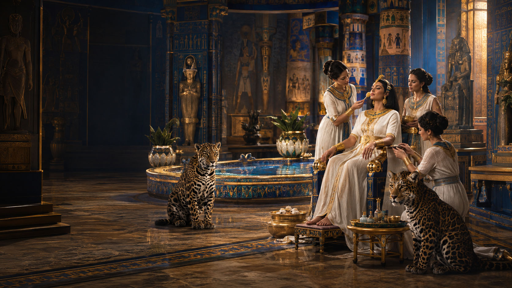 Cleopatra during a royal cosmetic beauty ritual in an ancient Egyptian palace