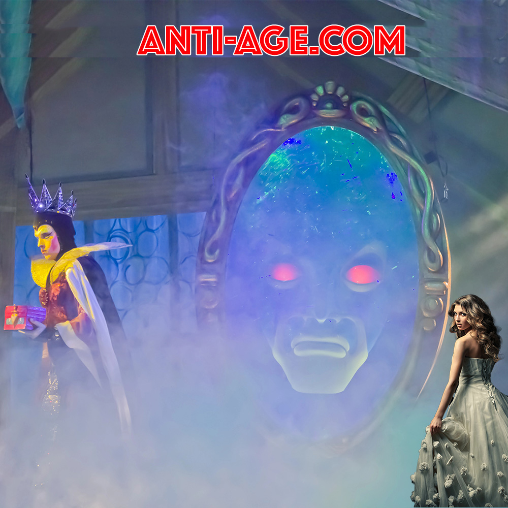 MacMish confronting the mirror, a symbolic anti-aging image about beauty, aging, comparison, and the desire to remain younger