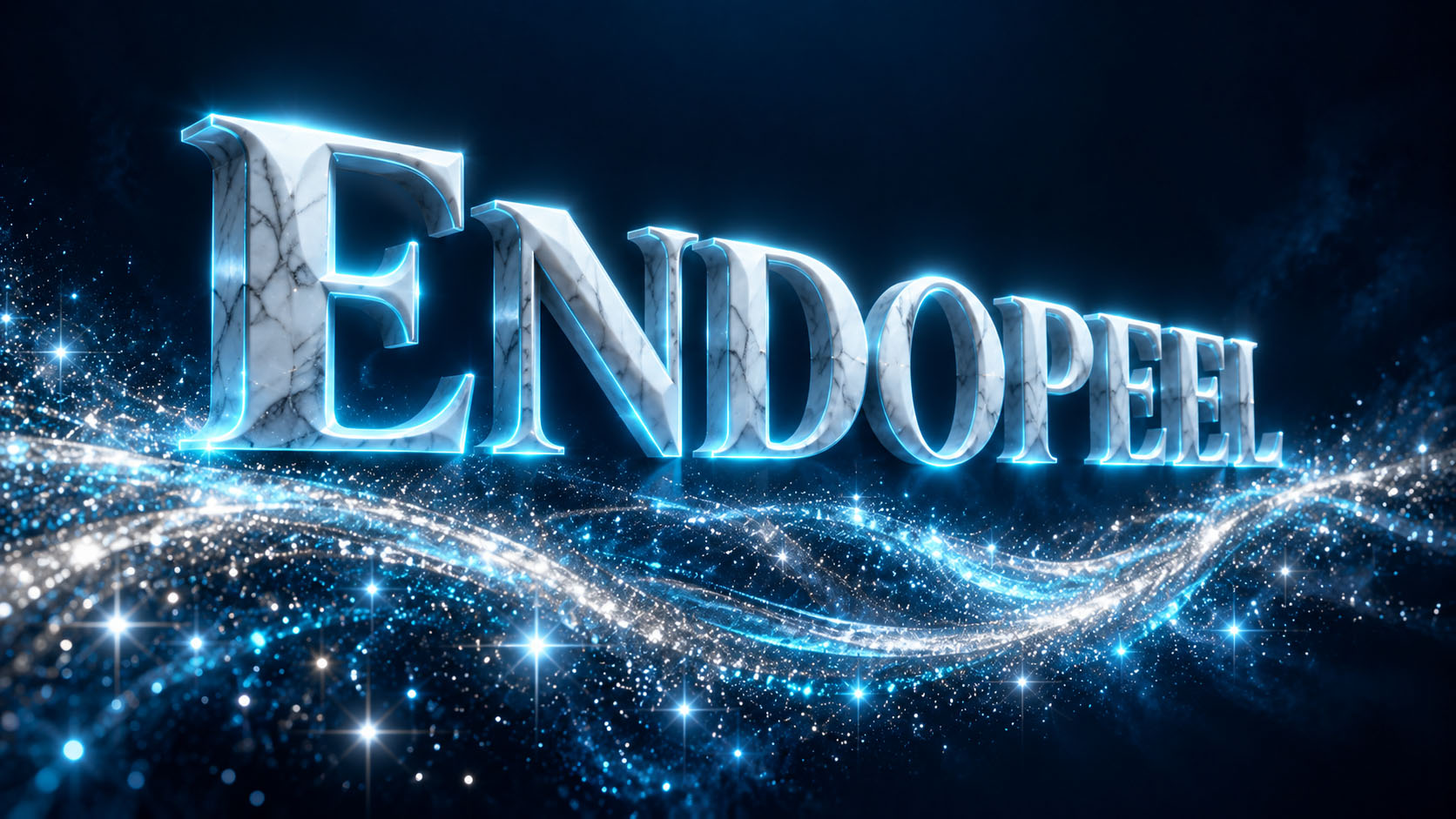 Endopeel in cyan-lit marble letters above a silver-azure stardust trail in perspective