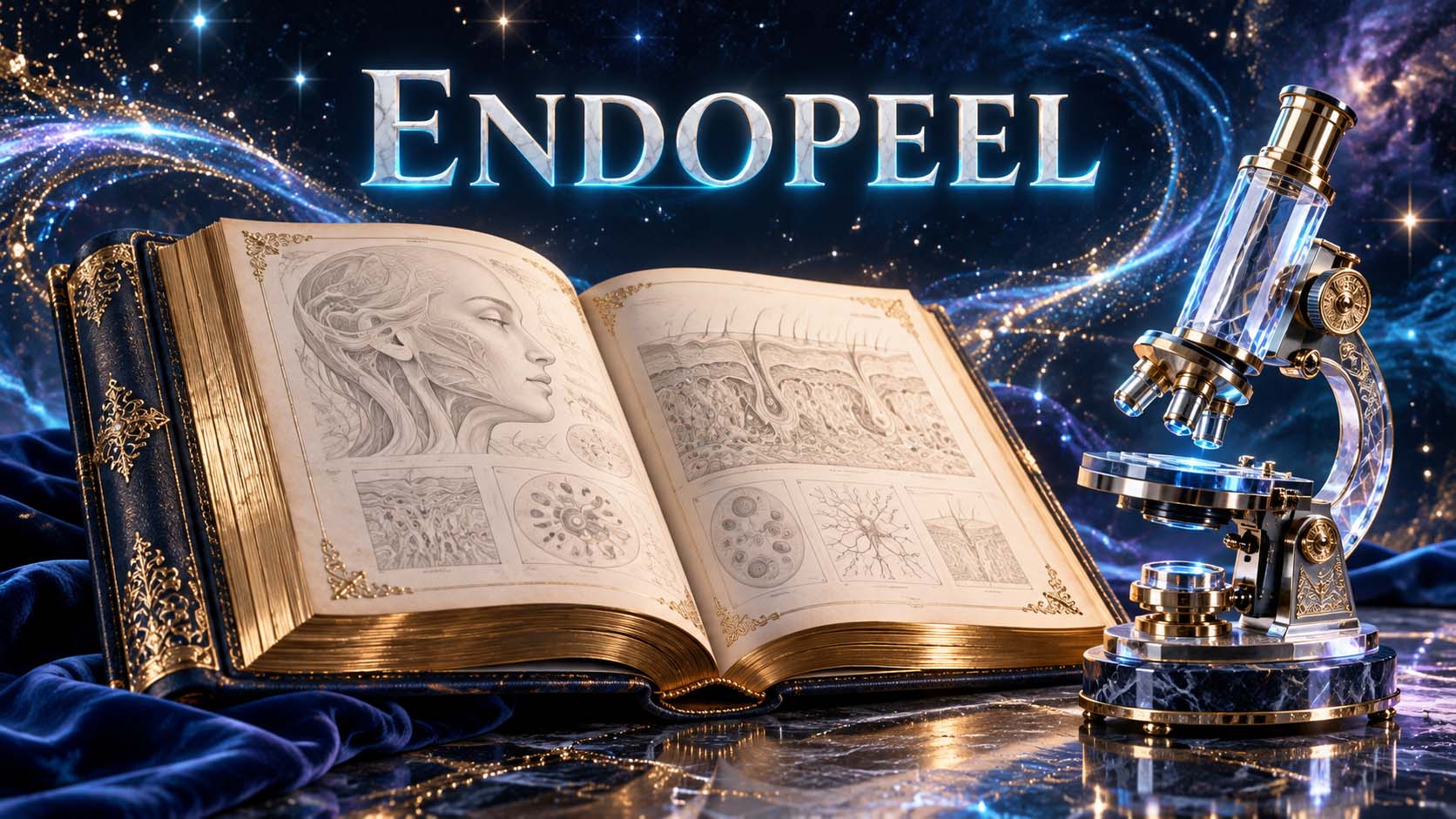 Endopeel scientific and clinical legacy illustrated by a gilded scientific book and crystal microscope amid stardust