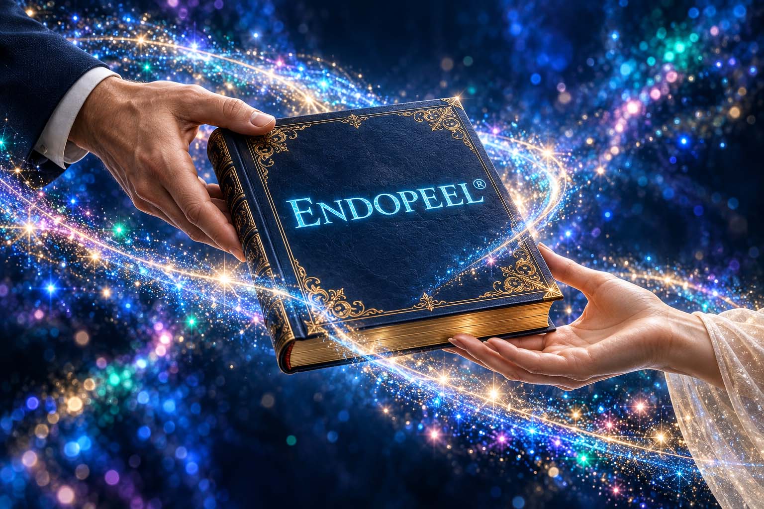 Endopeel technology transfer illustrated by two hands passing a gilded book amid luminous stardust
