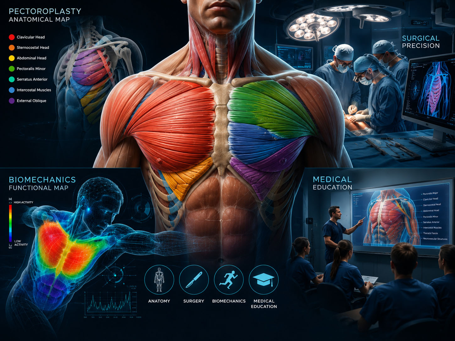 Pectoroplasty anatomical map showing anatomy, surgery, biomechanics and medical education