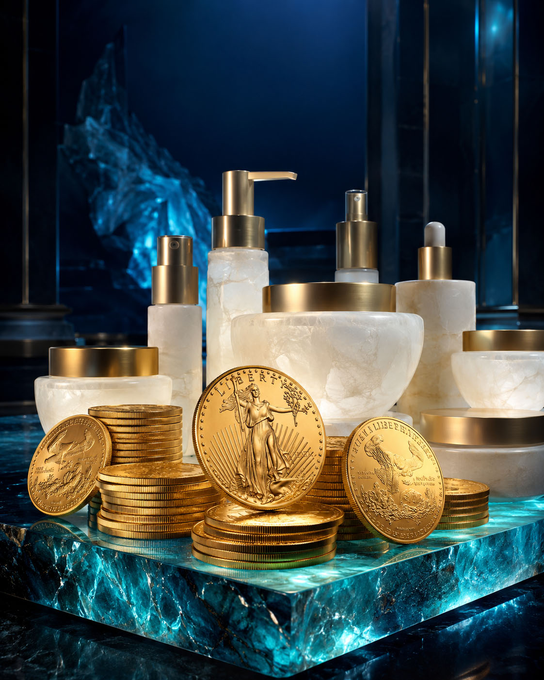 American Eagle gold coins displayed with premium alabaster cosmetic vessels in a luminous aquamarine setting