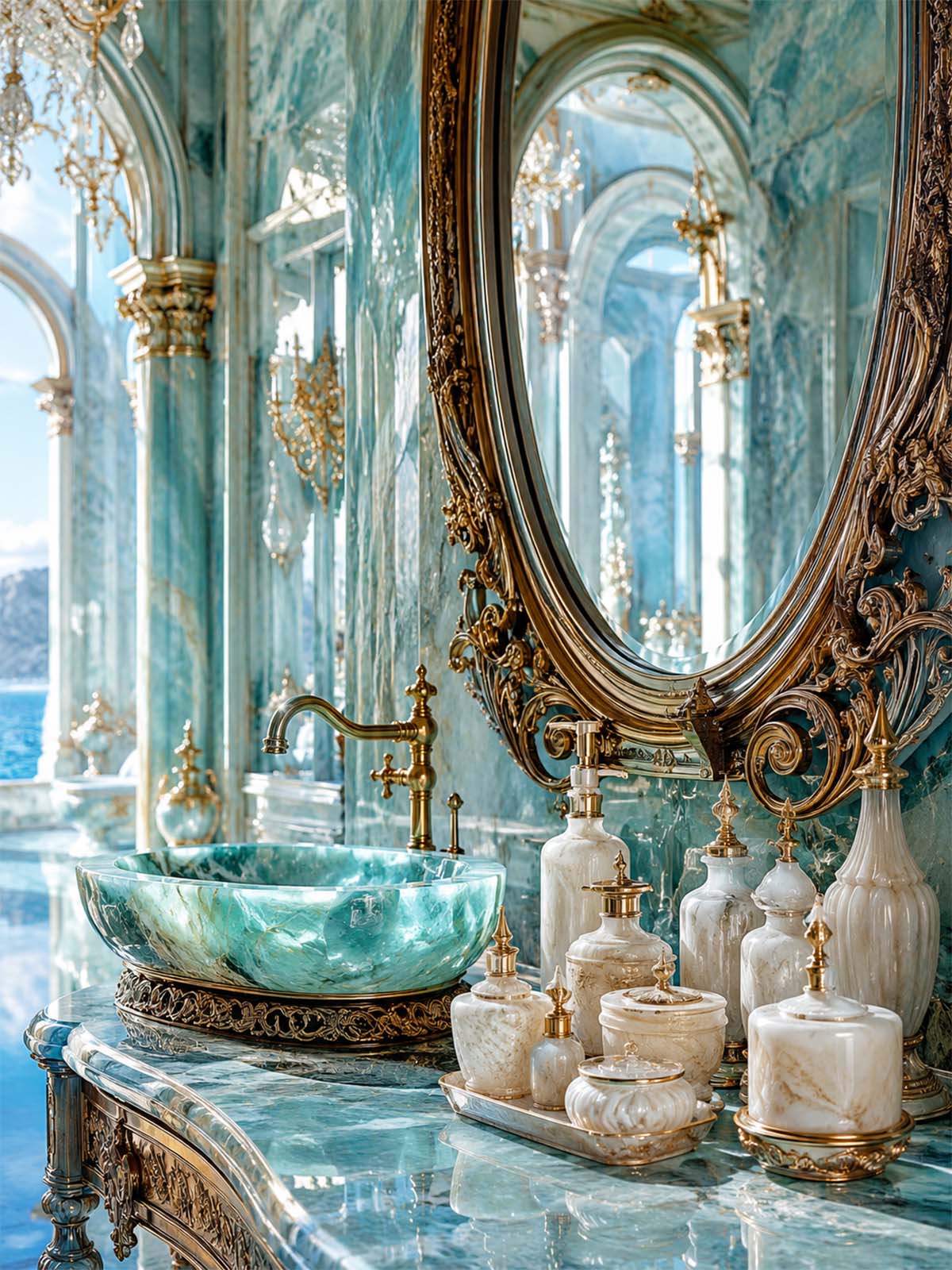 Luxury cosmetic collection displayed in alabaster vessels beside an aquamarine vanity