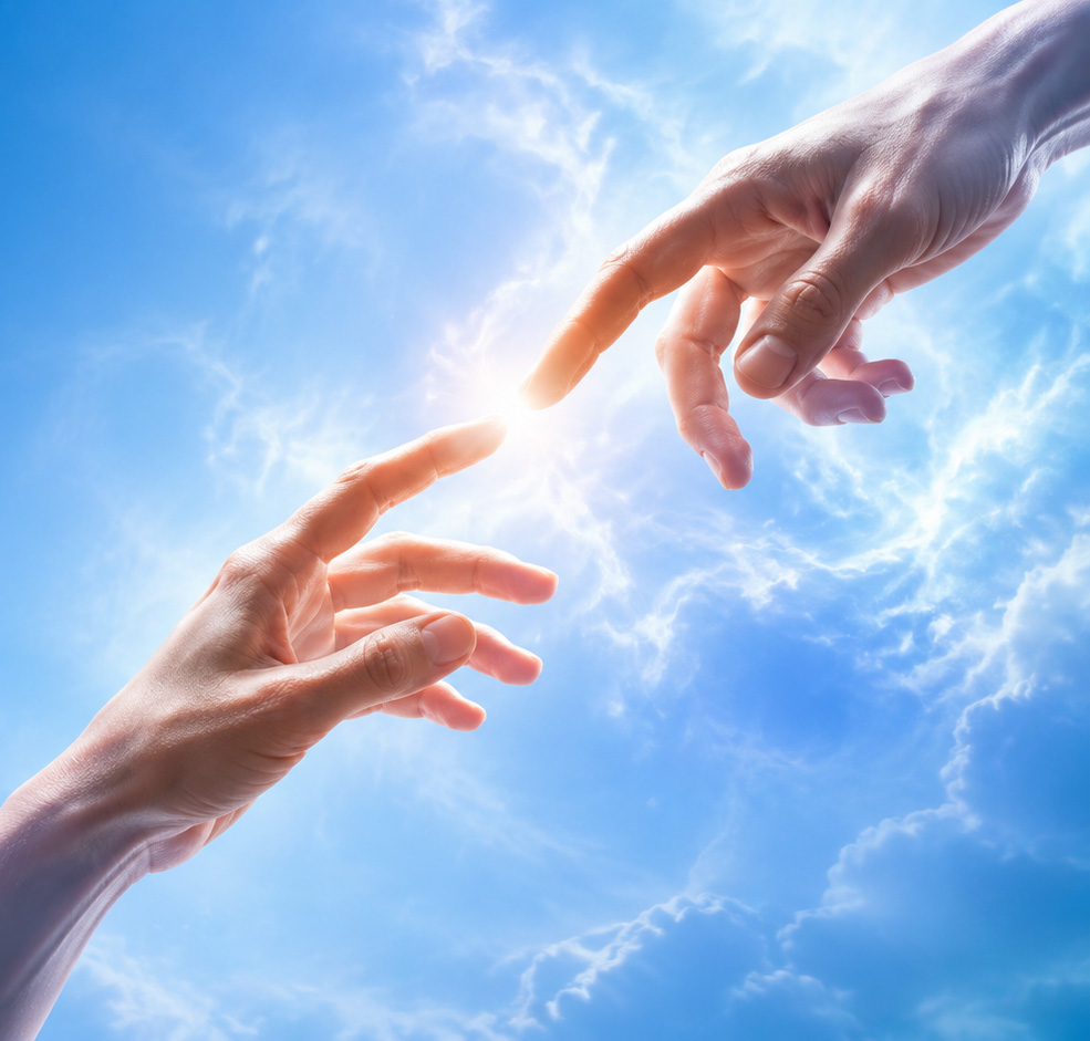 Human hand reaching toward a divine hand beneath an electric blue sky