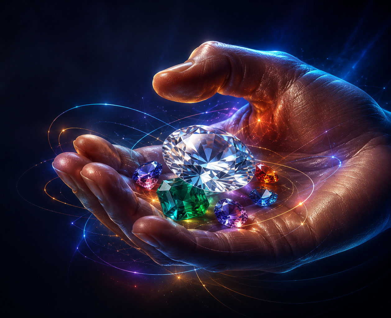 Hand holding precious gemstones representing the strategic value of HandContour.com