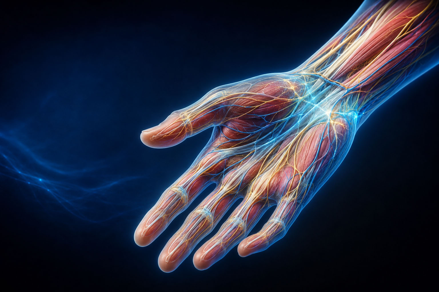 Regenerative and reconstructive hand medicine showing muscles, tendons, nerves and vascular structures