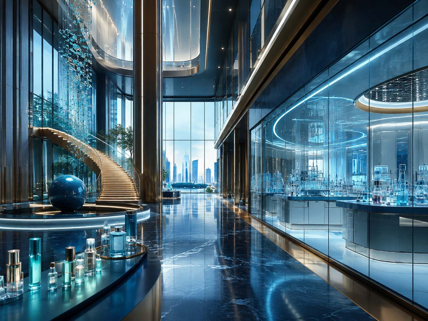 Luxurious international beauty company headquarters and cosmetic research space