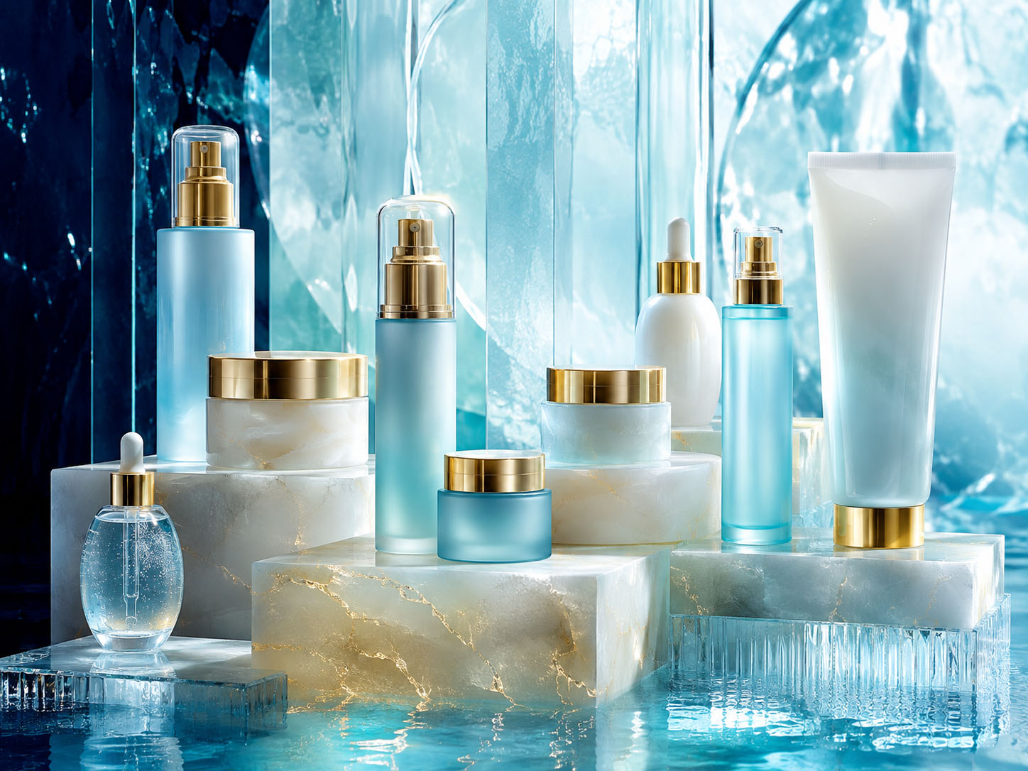 Premium skincare and dermocosmetic product collection in an aquamarine setting