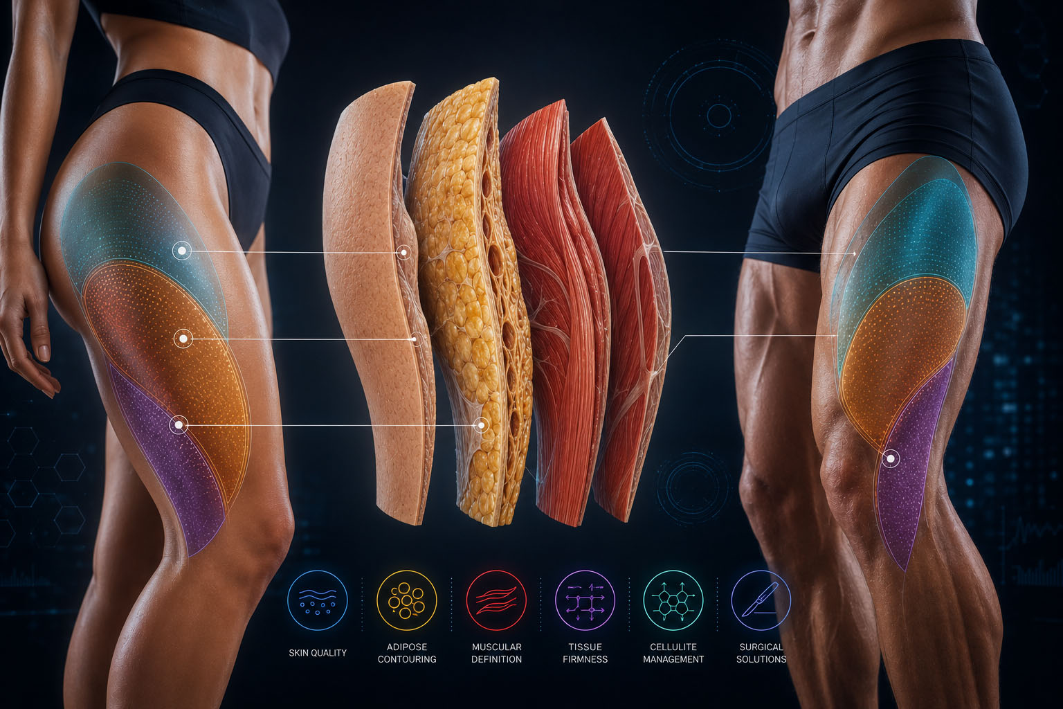 Female and male thigh anatomy showing skin, adipose tissue, muscle layers and aesthetic contouring treatment zones