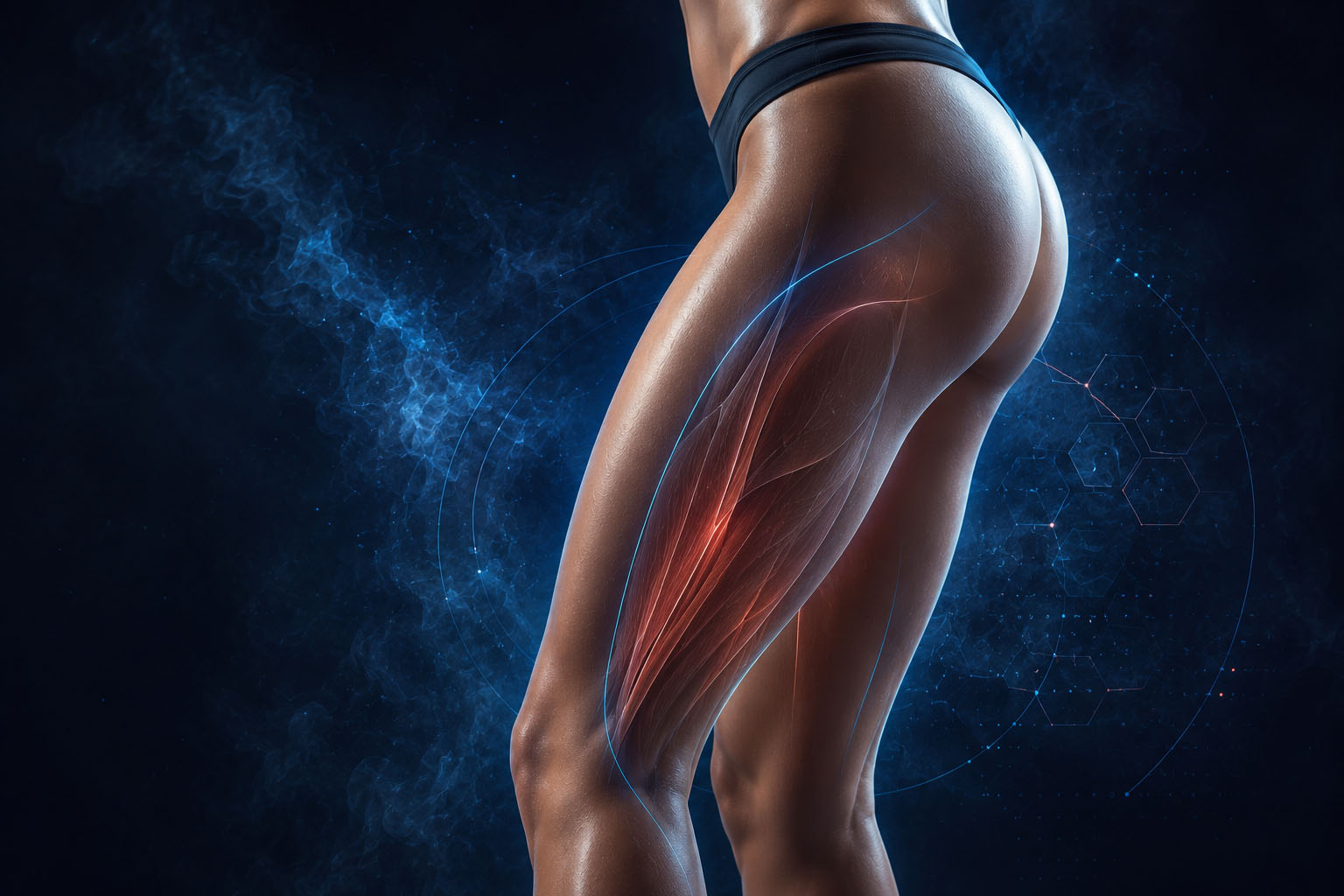 Female thigh contour with sculptural muscular anatomy and advanced aesthetic body contouring visualization