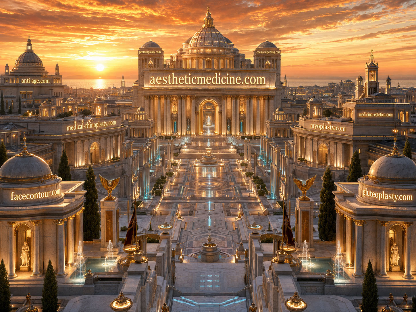 Monumental Roman-inspired city representing aestheticmedicine.com and its illuminated medical domain constellation