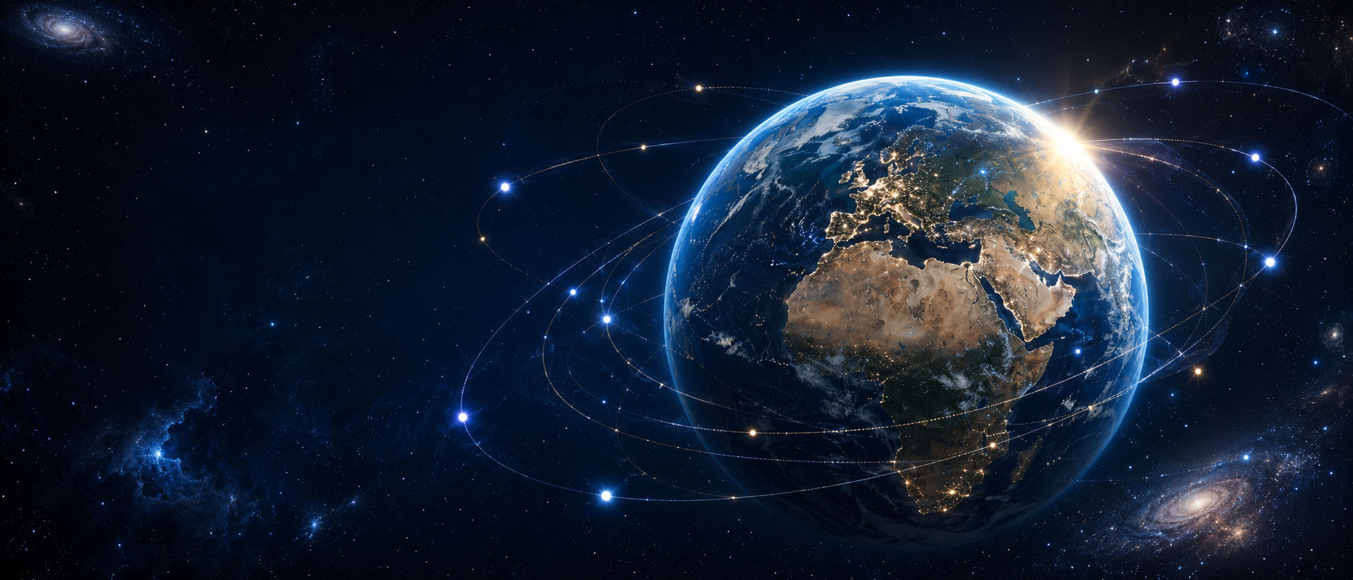 Planet Earth illuminated by the Sun within a luminous constellation of premium medical domains